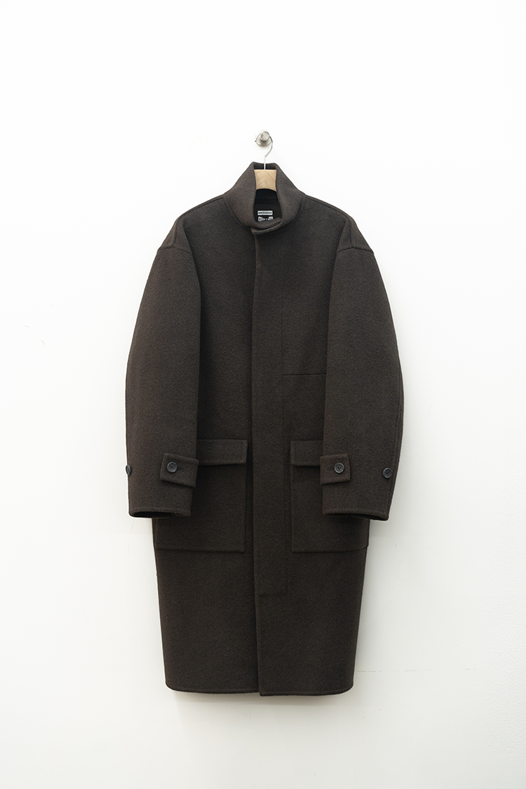POSTELEGANT Wool Rever Stand Collar Coat / DARK BROWN