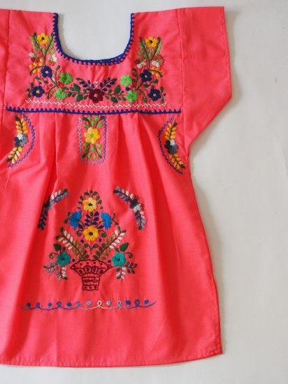 メキシコ刺繍kidsワンピース 90 110 ピンク メキシコアクセサリー 雑貨 チチネオ