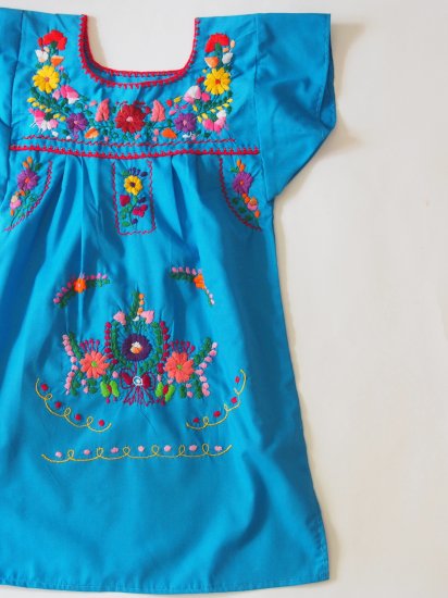 メキシコ刺繍kidsワンピース 1 140 ライトブルー メキシコアクセサリー 雑貨 チチネオ