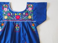 メキシコ刺繍KIDSワンピース 130-150【ブルーXマルチカラー】　