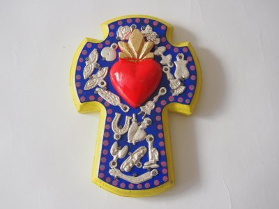 メキシコ ミラグロ壁掛け 十字架 ブルーxイエロー メキシコアクセサリー 雑貨 チチネオ