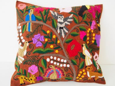 メキシコ　シナカンタン刺繍クッションカバー【ブラウン　フクロウ】