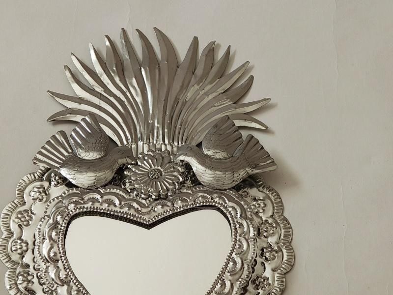 メキシコ ブリキ鏡【AIDA工房 ハート小鳥LL】 - メキシコアクセサリー
