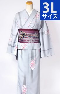 レンタル_K50：グレー地花柄[3L]×笹柄紫アレンジ帯
