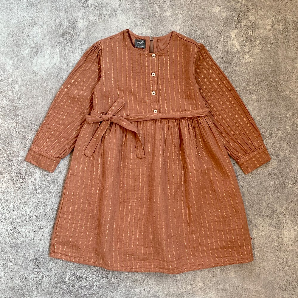 【SALE40%OFF】tocoto vintage Waist bow dress with lurex stripes PINK トコト  ヴィンテージ ウエスト紐付きワンピース（ピンク） - インポート 輸入 ベビー服 子供服 出産祝い 通販 | vivid LIFE