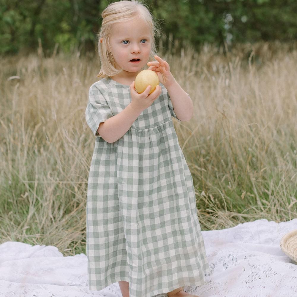 Nellie Quats Hopscotch Dress - Pistachio Check Linen ネリークアーツ 半袖チェック柄リネンワンピース（ピスタチオ）