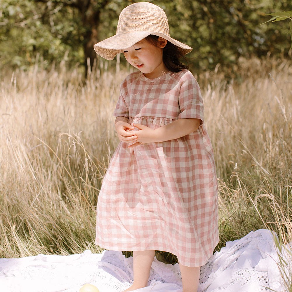 SALE40%OFF】Nellie Quats Hopscotch Dress Rose Check Linen ネリークアーツ 半袖チェック柄リネンワンピース（ローズ）  - インポート 輸入 ベビー服 子供服 出産祝い 通販 | vivid LIFE