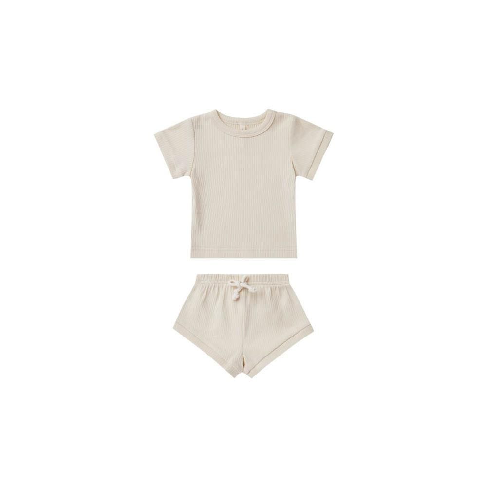 Quincy Mae ribbed shortie set natural クインシー メイ リブ半袖Tシャツ+ショートパンツセット（ナチュラル）