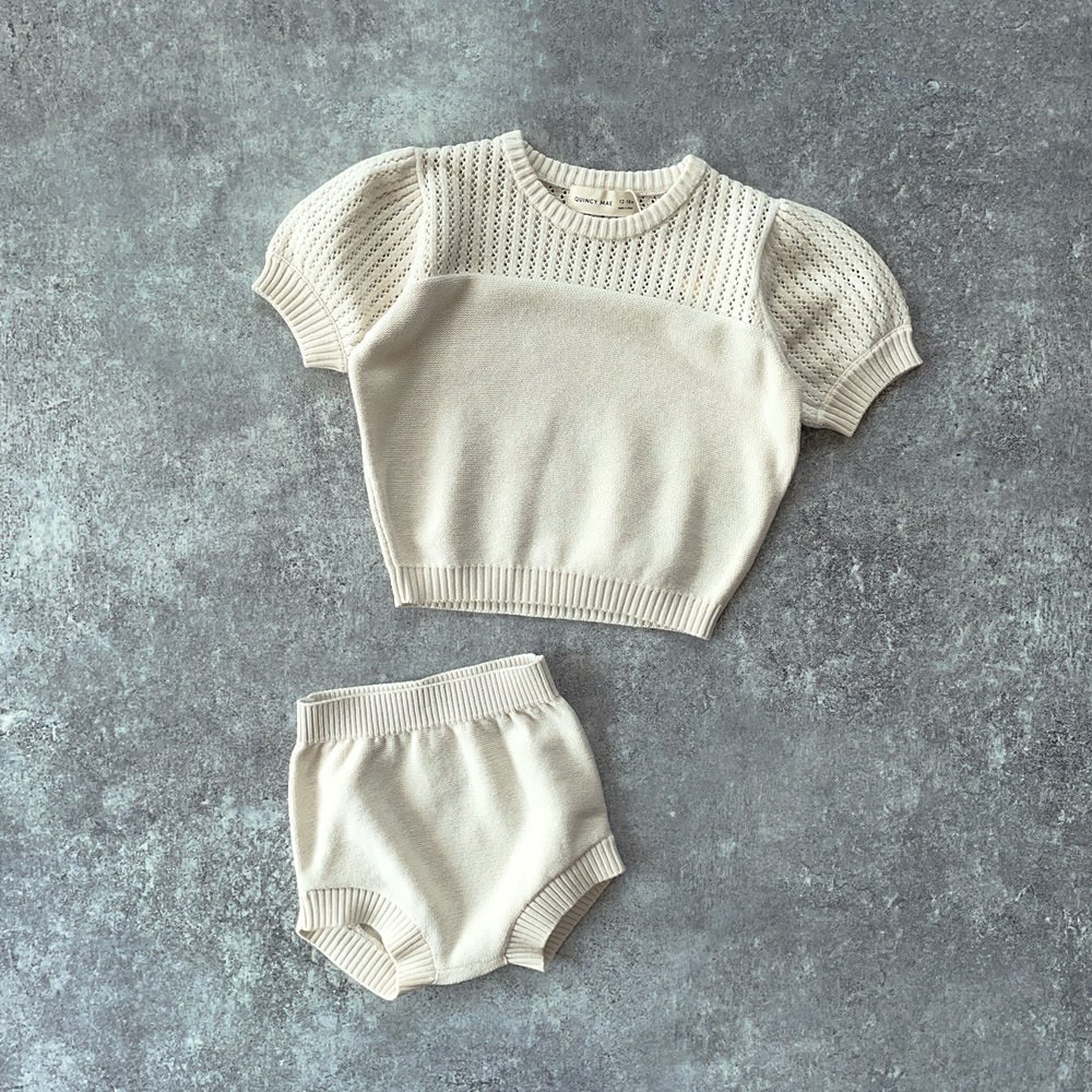 SALE30%OFF】Quincy Mae pointelle knit set ivory クインシー メイ 半袖ニット+ブルマセット（アイボリー）  - インポート 輸入 ベビー服 子供服 出産祝い 通販 | vivid LIFE