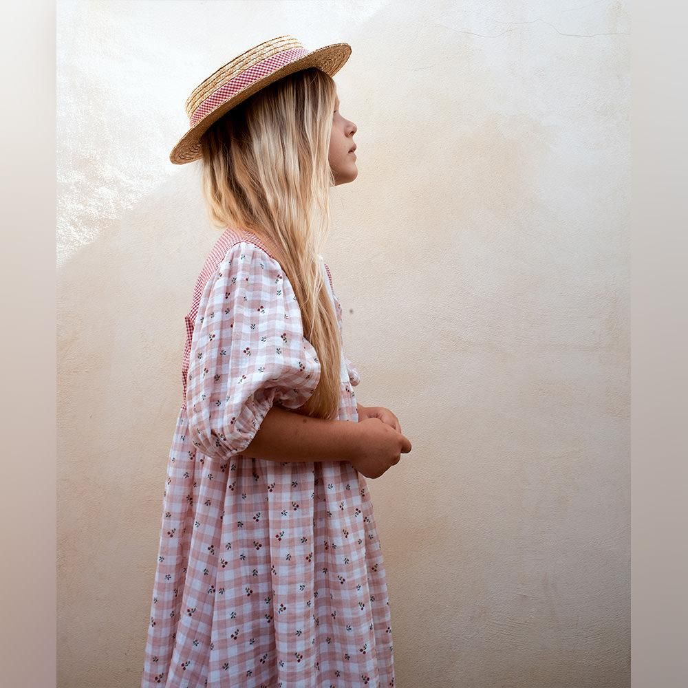 Popelin Mod.31.4 Gingham and floral organic dress ポペリン サイドパネル5分袖ワンピース（ギンガム）