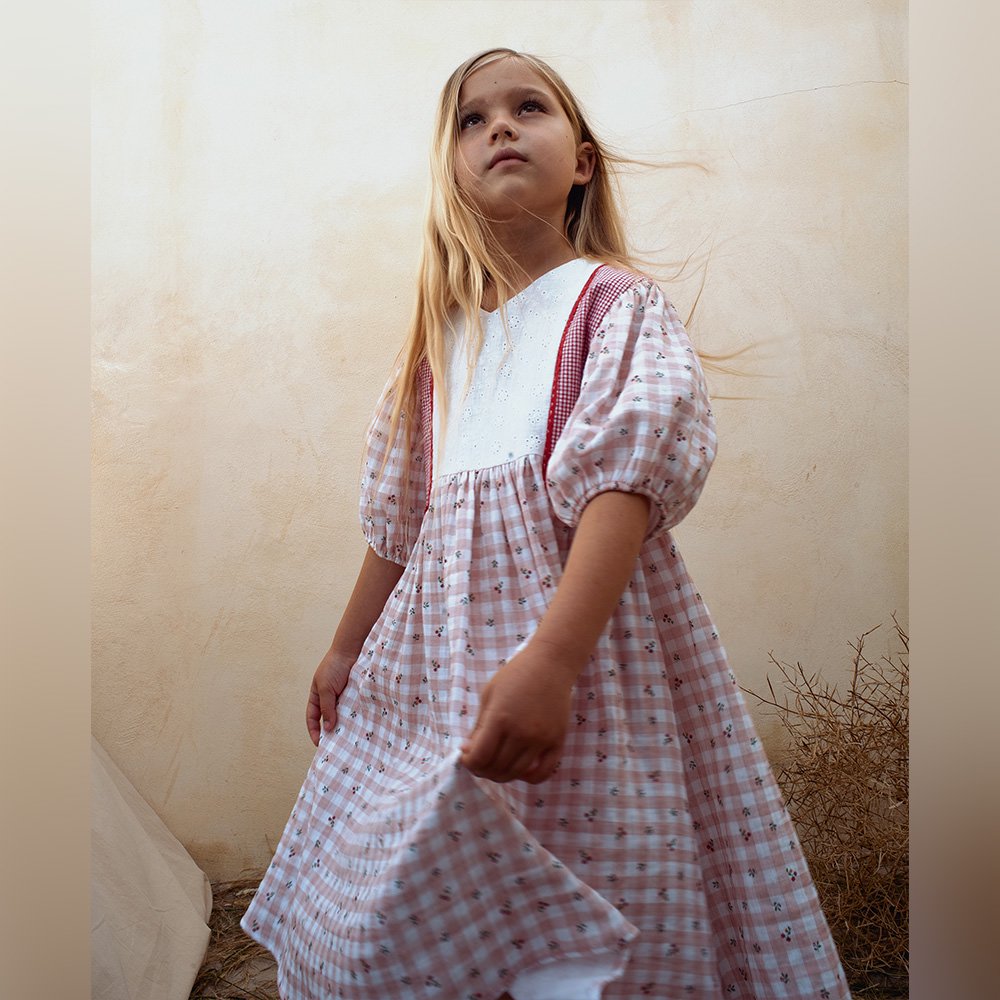 SALE20%OFF】Popelin Mod.31.4 Gingham and floral organic dress