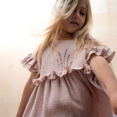 Popelin Mod.32.1 Pink organic dress with embroidered yoke ポペリン 胸刺繍半袖ワンピース（ピンク）