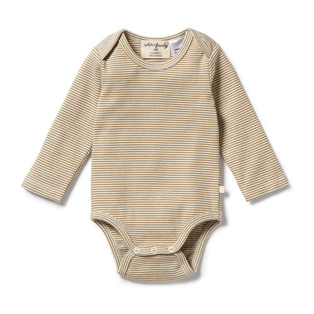 Wilson and Frenchy Organic Stripe Rib Envelope Bodysuit Leaf リブストライプ長袖ボディ（リーフ）