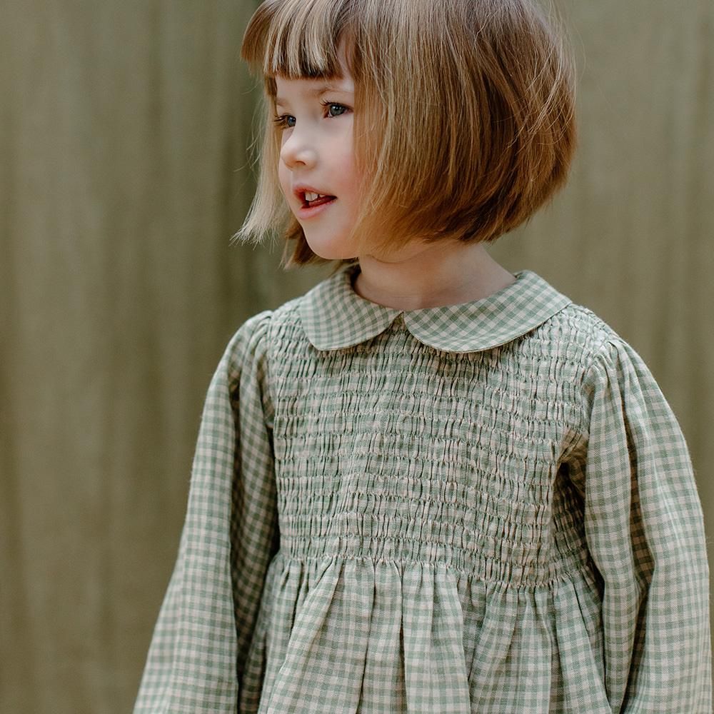 Nellie Quats Draughts Dress Pistachio Mini Check Linen ネリークアーツ 長袖リネンワンピース（ピスタチオ）