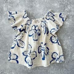 Play Up Cotton and linen tunic with floral print and long sleeves プレイアップ フリルスリーブチュニック（ナチュラル）