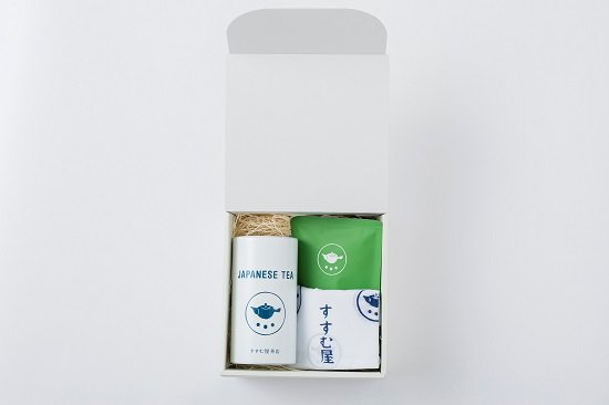 【フリーボックスギフト】人気煎茶こくまろ100g・オリジナル茶缶(白・中200g目安)・オリジナル手ぬぐい(紺)