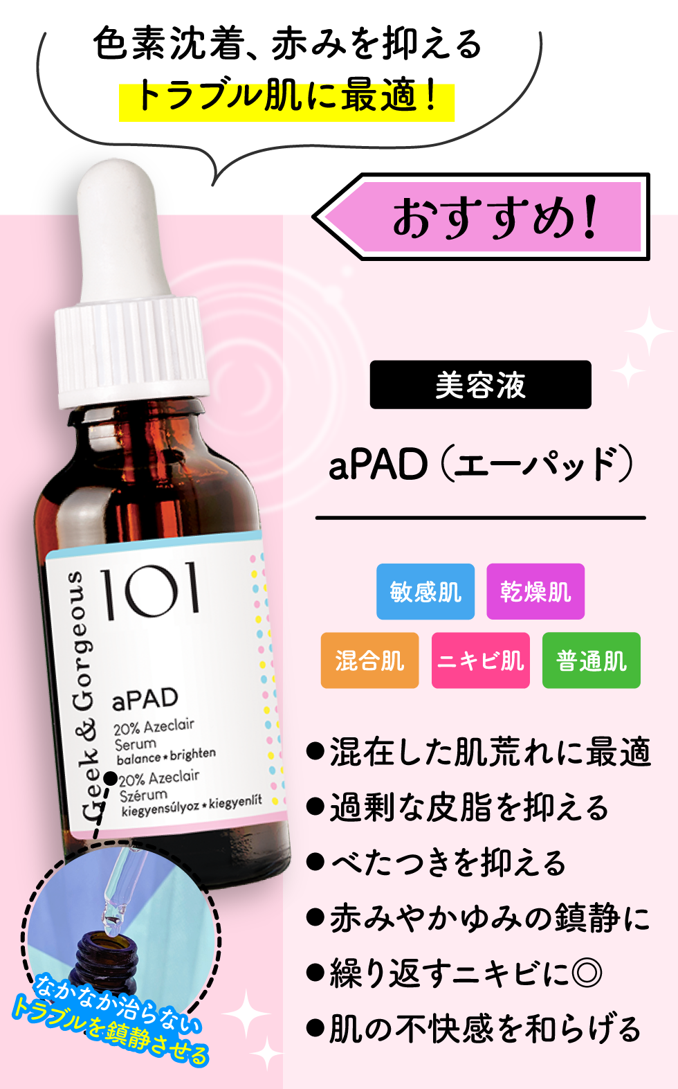 お悩み2|ニキビや毛穴が気になる|美容液|aPAD|ギークアンドゴージャス