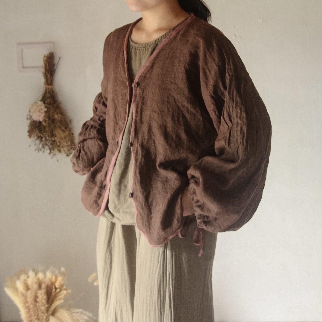巾着袖リネンカーディガン|煤竹色×小豆色 - ISTIST -草木染めの服