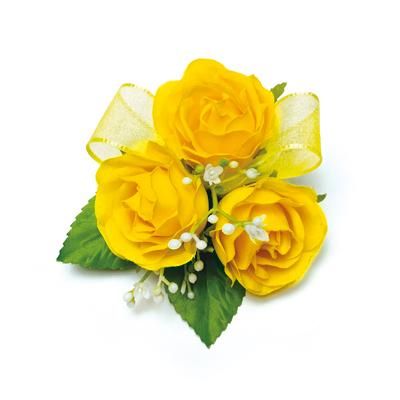 黄色のばらのコサージュ （布花コサージュ 薔薇と小花(ホワイト