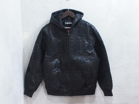 Supreme 'Court Cards Hooded Leather Jacket'レザージャケット 黒 S