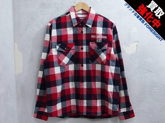 Hide and Seek チェックネルシャツ L 赤 レッド ロゴ刺繍 ハイドアンド