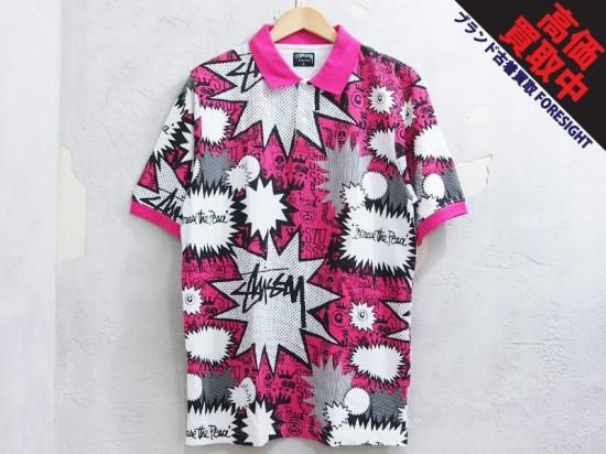 Stussy マスク柄 ポロシャツ Lサイズ STUSSY - 《大人気》STUSSY ステューシー ポロシャツ 総柄 白 L