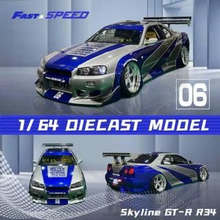 <img class='new_mark_img1' src='https://img.shop-pro.jp/img/new/icons1.gif' style='border:none;display:inline;margin:0px;padding:0px;width:auto;' />8ʹͽ Fast Speed FS 1/64  饤 R34 GT-R 5 BNR34 Silver Blue Strips (With TE37 Chrome wheel)