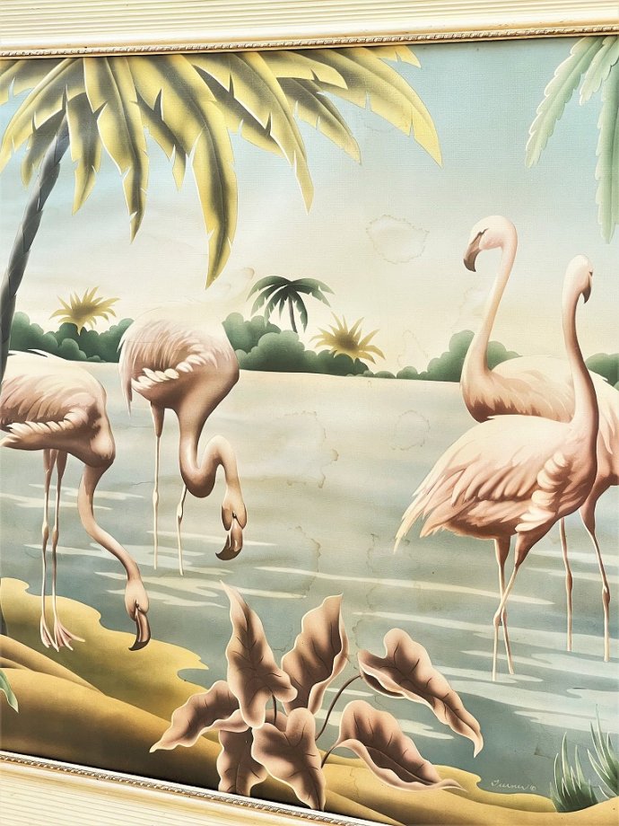 Vintage 1950s Framed Turner Print Flamingos Mid-Century Wall Art