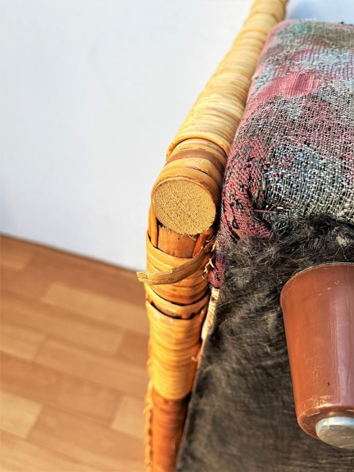 【9月18日 販売〆切】アンティーク 昭和レトロ 藤 ラタン 電話台 ソファ 1970-80's ヴィンテージ ファブリック ラタン ソファ