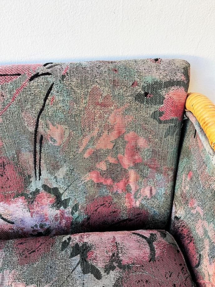 【9月18日 販売〆切】アンティーク 昭和レトロ 藤 ラタン 電話台 ソファ 1970-80's ヴィンテージ ファブリック ラタン ソファ