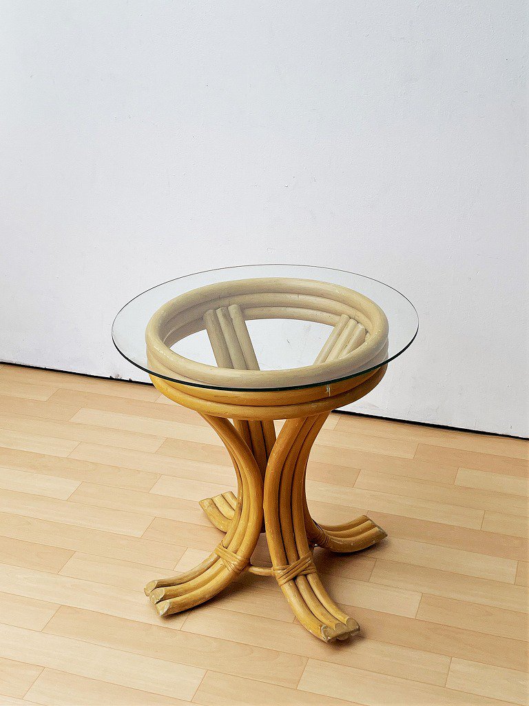 1940-50's ヴィンテージ ガラストップ ラタン サイドテーブル 