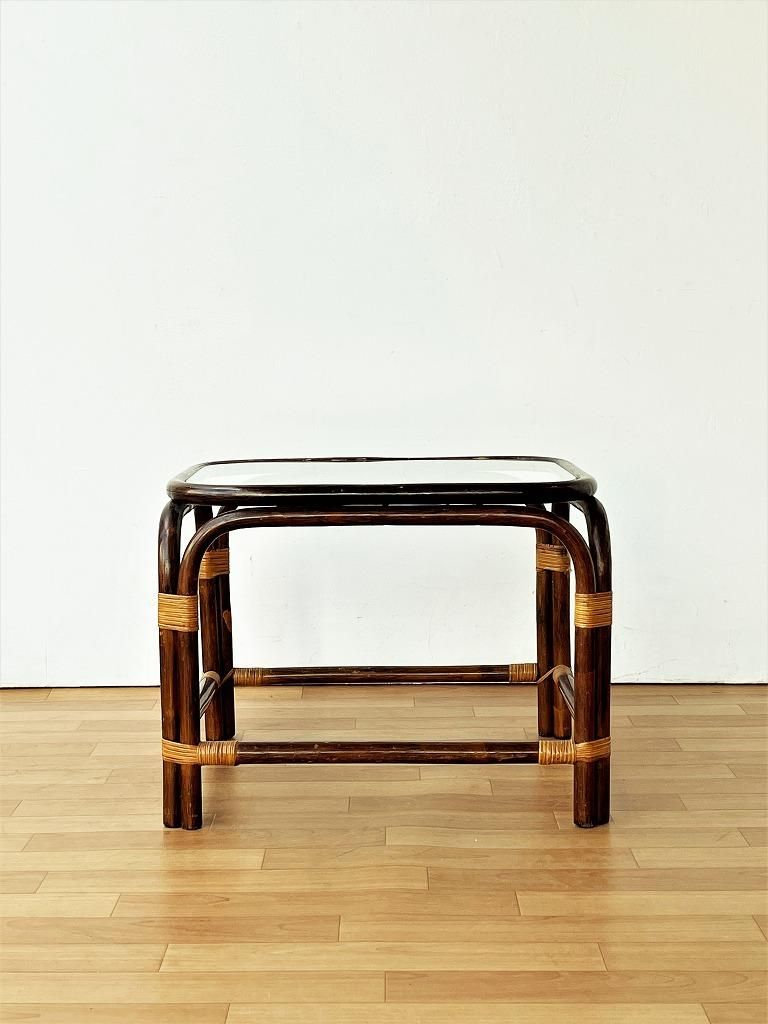 1970-80's ラタン コーヒーテーブル サイドテーブル ガラス