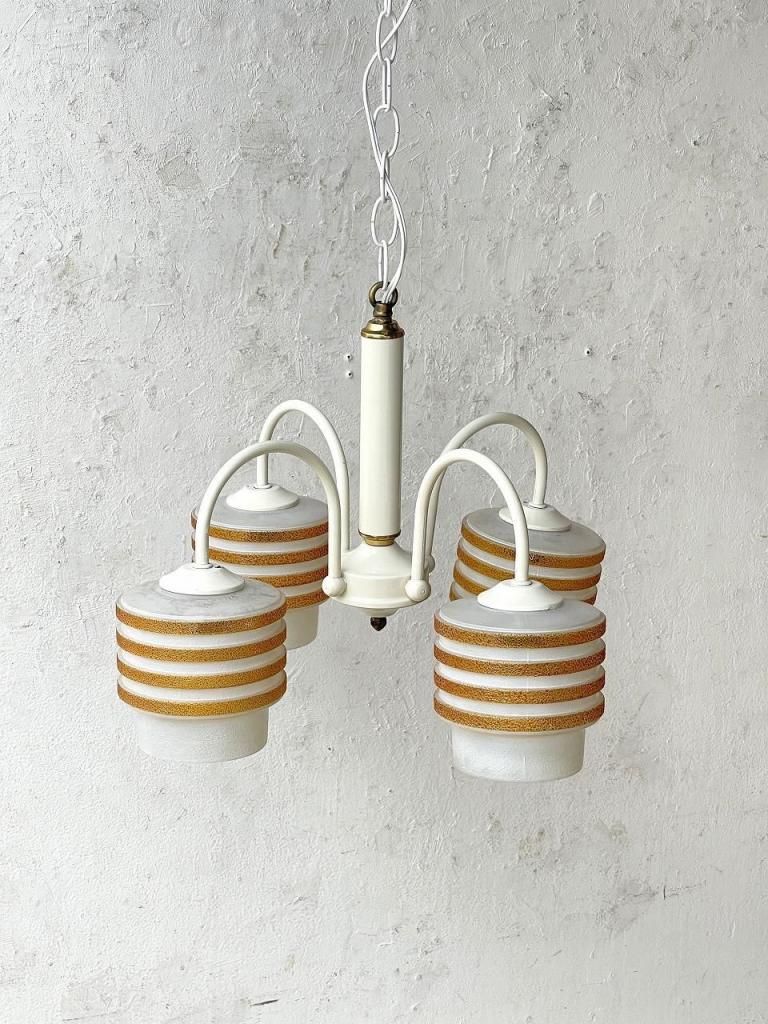 1970's ヴィンテージ ホワイトガラス 4灯 モダンシャンデリア