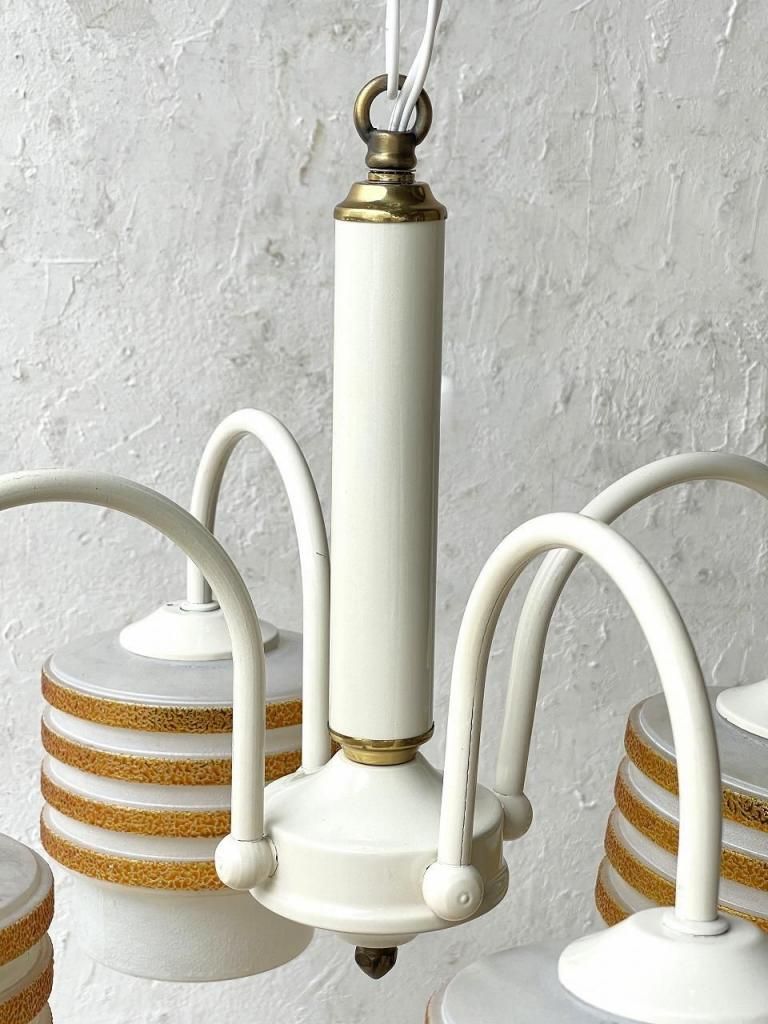 1970's ヴィンテージ ホワイトガラス 4灯 モダンシャンデリア