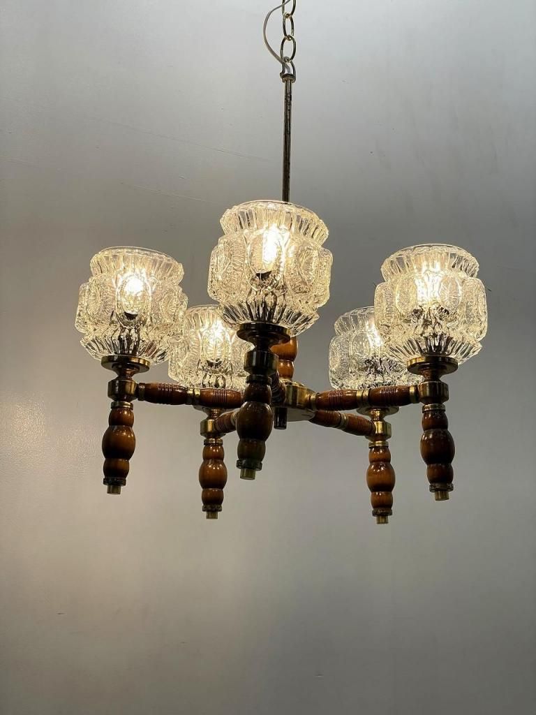 昭和レトロ ヴィンテージ 5灯シャンデリア クラックルガラス 昭和レトロ ヴィンテージ 5灯シャンデリア クラックルガラス