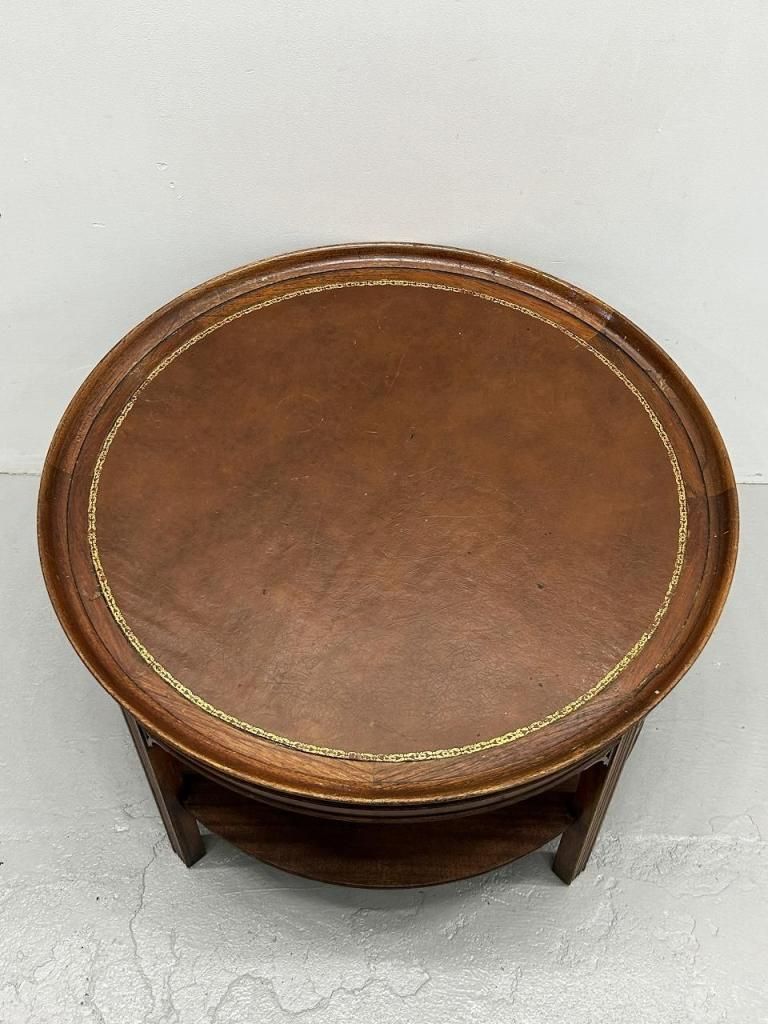 ヴィンテージ クラシカル ラウンド レザートップ センターテーブル 本革 ヴィンテージ クラシカル ラウンド レザートップ センター