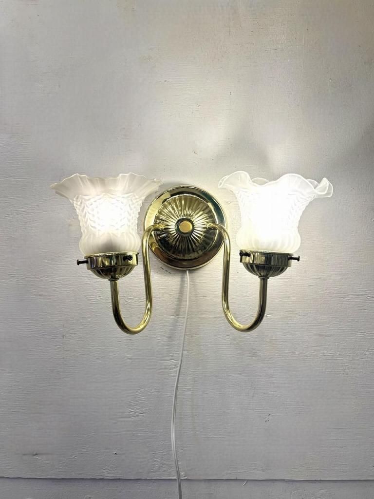 【美品】フランスアンティーク クリスタルドロップ 2灯ブラケット[3026] ヴィンテージ フロストガラス 2灯 ブラケットランプ - アンティーク