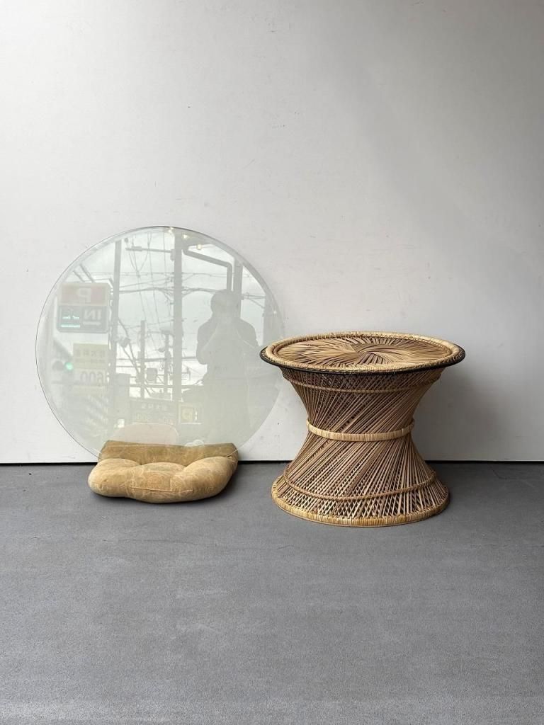 【良品】ヴィンテージ ラタン サイドテーブル ガラス デンマークヴィンテージ ガラストップ ラタンサイドテーブル