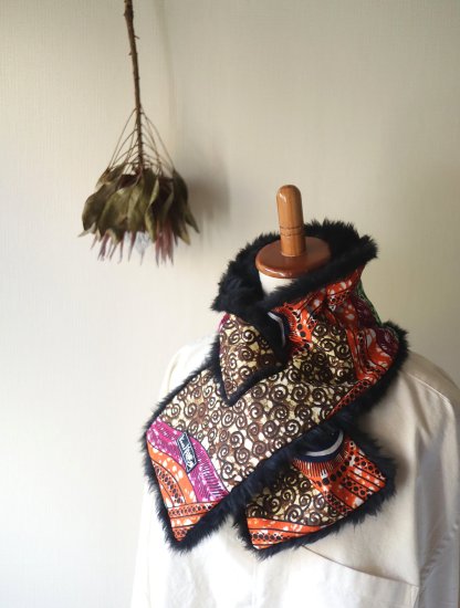 ショートマフラー”アフリカ布＆フェイクファー”/African fabric&fake