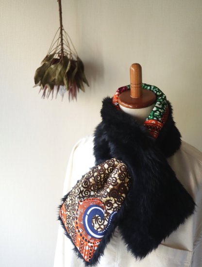 ショートマフラー”アフリカ布＆フェイクファー”/African fabric&fake