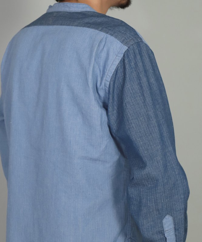 [ OMNIGOD mens / オムニゴッド ]インディゴ綿麻ヘリンボーン パネルスタンドカラーワークシャツ - Domingo Stockyard