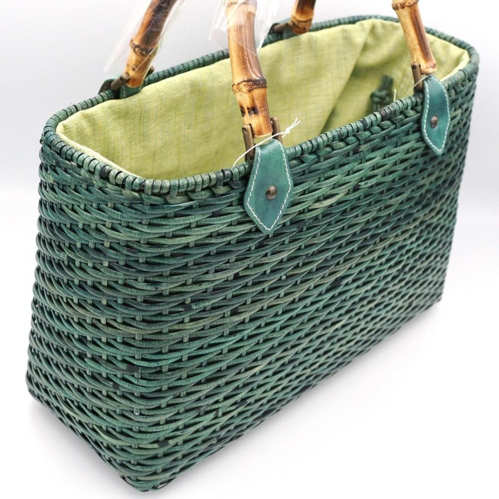 皮籐かごバック（ケリー型・緑色・竹ハンドル） - たくみ工芸
