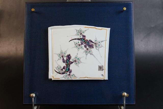 配送員設置 九谷焼 山崎竹泉 色絵陶板画 伝統工芸 額縁 額装 額 鳥 鴛鴦 絵画