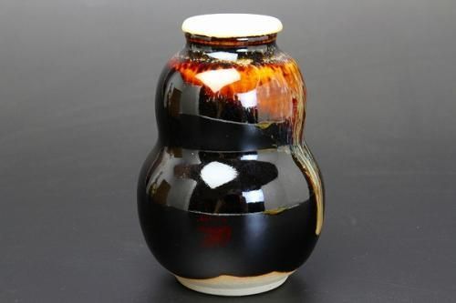 樋谷定一 「 瓢形茶入 」 京瀬戸 牙蓋 仕覆 西陣織 越後裂