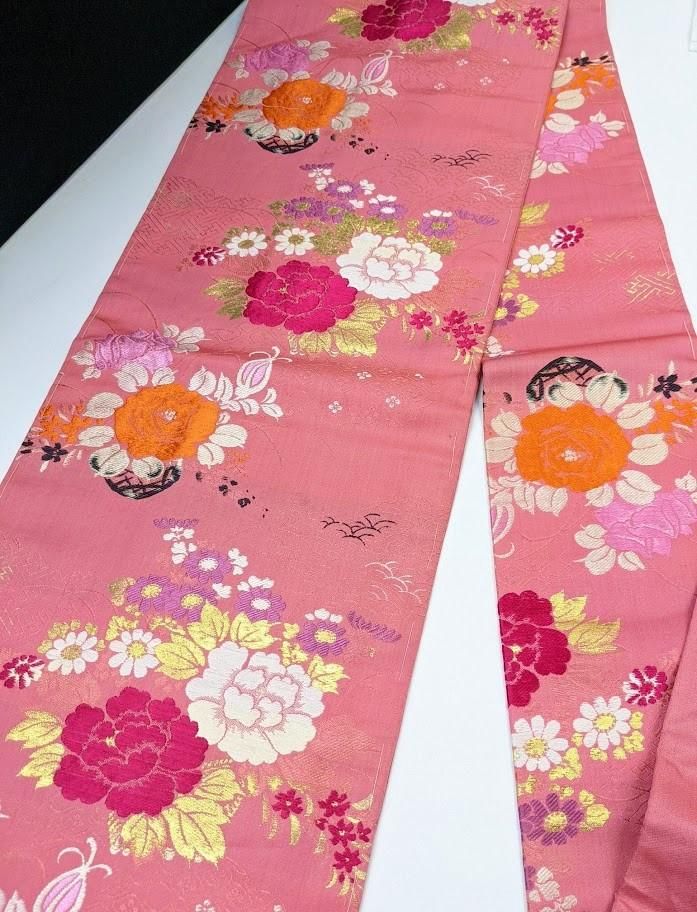ゆりのはな アンティーク 名古屋帯 刺繍 牡丹 大正モダン 黒地