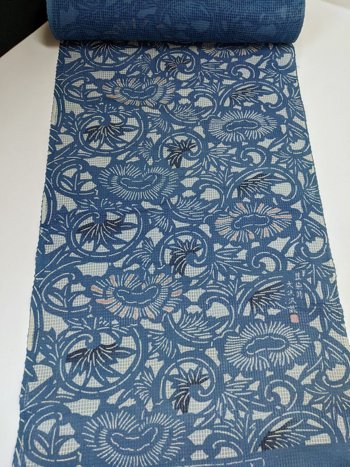 最旬トレンドパンツ 藍染に花紋が織られた紬の小紋 着物 本藍染 着物