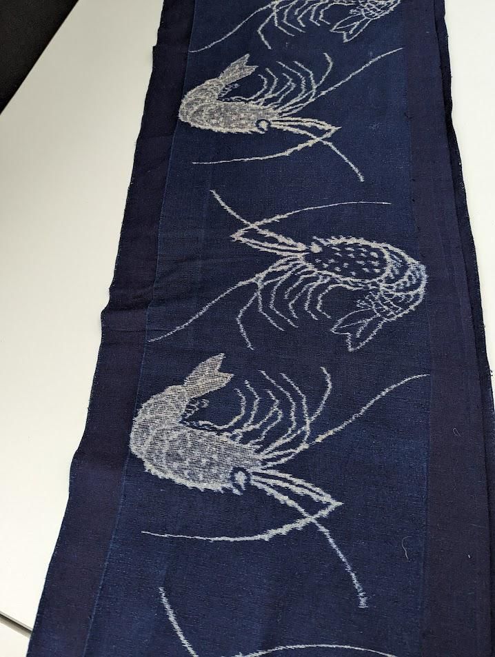 藍染絵絣木綿 時代物古布 四巾のれん マ-794