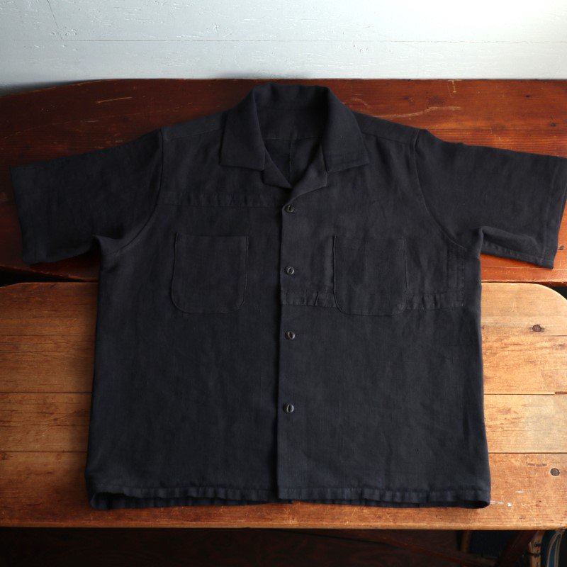 Antique French Linen Black overdye Remake open collar shirt サイズＭ�