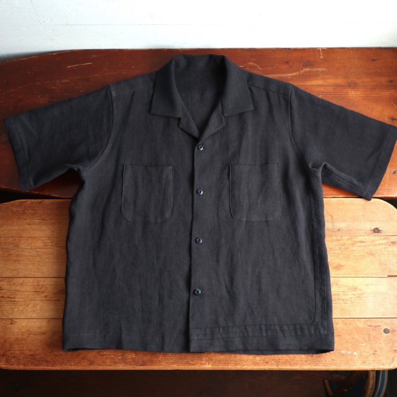 Antique French Linen Black overdye Remake open collar shirt ͭ