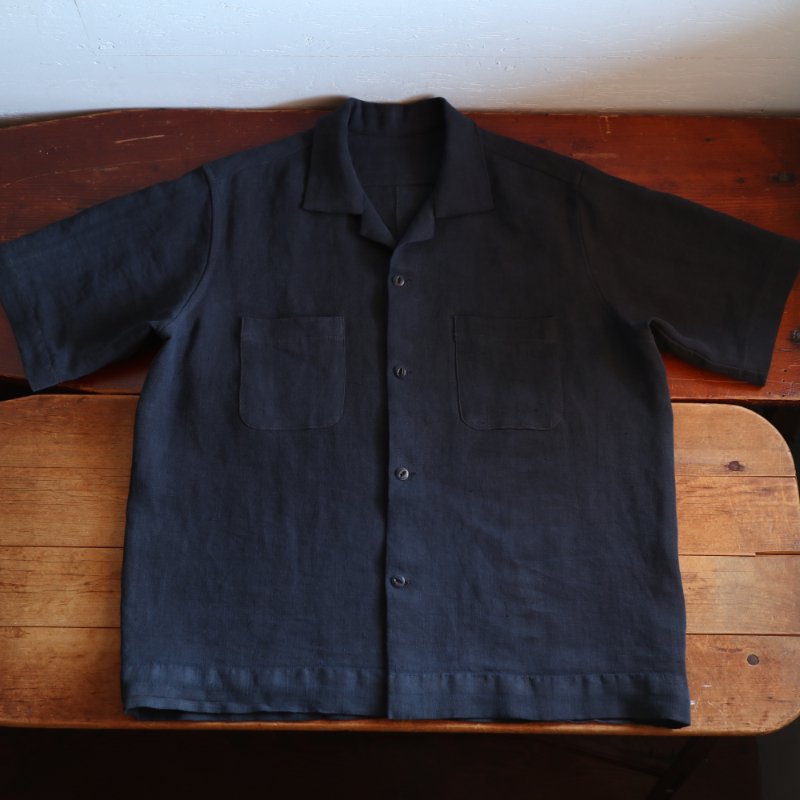 Antique French Linen Black overdye Remake open collar shirt L